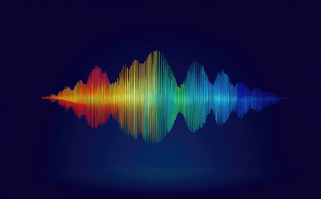 A vibrant sound wave illustration is displayed against a dark blue background. The image features a spectrum of colors, transitioning from red to blue, creating a dynamic visual effect. The style is graphic with sharp lines. This artwork could be suitable for use in music-related projects or design compositions.の素材