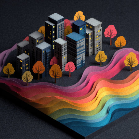 This image presents a vibrant, stylized city made from colorful paper. The scene features multiple buildings of varying heights and paper trees set against a layered, rainbow-colored landscape. The composition includes artificial lighting and a dark background. This image is suitable for use in illustrations, design projects, and diverse editorial content.の素材