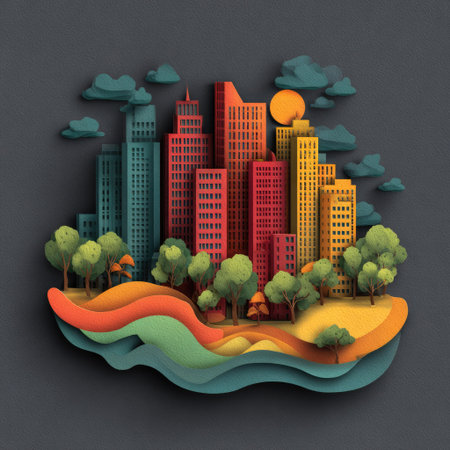 An artistic illustration presents a city scene created with layered paper cutouts. The composition showcases buildings in varied red and yellow hues, complemented by green trees. Soft sunlight and a dark grey background enhance the design. This imagery is suitable for various commercial uses related to design and illustration.の素材