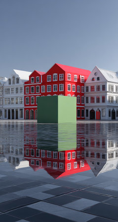 The image showcases a row of stylized townhouses with vibrant red and white roofs. A green cube stands in the foreground, mirroring in the water below. The composition features a symmetrical arrangement against a clear sky, suggesting a potential for architectural or design-related visual usage.の素材