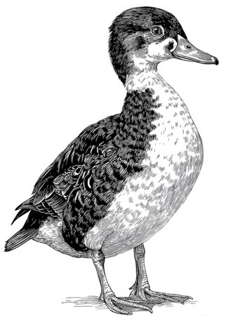This detailed illustration depicts a duck, rendered in a black and white style. The bird is presented against a stark white backdrop, emphasizing its form and texture. It features intricate shading and fine lines. Suitable for educational materials, design projects, and various commercial applications.の素材