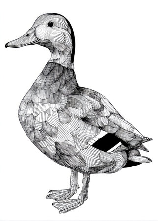 A detailed pen and ink illustration depicts a duck standing in profile. The artwork features intricate line work, showcasing textured feathers and a focused gaze. The monochromatic style and careful shading create depth and visual interest. The image is set against a white background suitable for various commercial or artistic applications.の素材