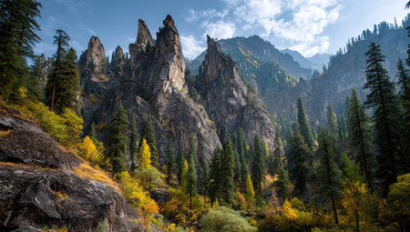 A scenic view captures towering mountain peaks amid a dense forest. The image showcases varied textures, from the rough rock to the evergreen foliage. Warm and cool colors interplay under an overcast sky, suggesting a natural environment. Suitable for editorial use and illustrating ecological themes.の素材