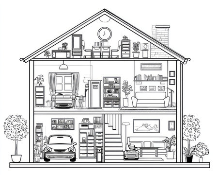 This black and white illustration presents a house cross-section showcasing detailed interior spaces. The image features a garage, living rooms, bedrooms and kitchen. The composition offers a clear view of furniture and decorative elements. Suitable for educational, architectural, or design related projects, this image can be used for illustrating various concepts.の素材