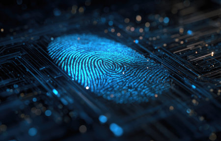 This image presents a glowing fingerprint, a representation of digital security. It highlights intricate patterns with shades of blue and bokeh effects on a dark background. The composition suggests advanced technology. Suitable for applications involving security, identity, and digital concepts.の素材