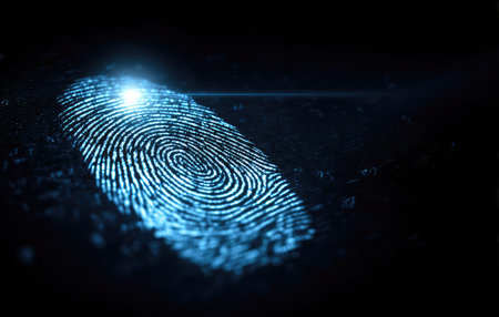 A close-up view presents a glowing digital fingerprint, rendered in shades of blue against a dark backdrop. The detailed ridges and swirls of the fingerprint are prominently displayed, illuminated with a light source. This image could be suitable for technology presentations, security concepts, or design projects.の素材