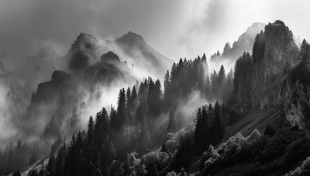 This black and white image features a mountainous landscape. The scene includes evergreen trees and low-lying fog. The composition employs strong tonal contrasts and depth of field creating a dynamic visual experience. The photograph would be suitable for various commercial uses and could be utilized for editorial content.の素材