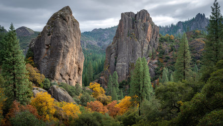 Two large rock formations dominate a lush forest landscape. The scene features various shades of green, yellow and brown, with dense foliage in a composition that suggests depth. The lighting is soft and diffused. This image can be used for various purposes, including editorial and commercial projects.の素材