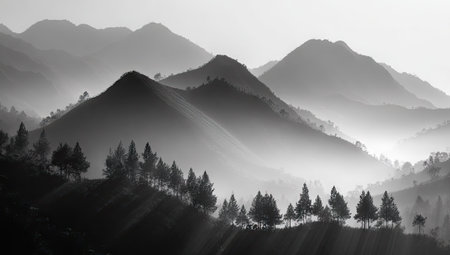 A grayscale image showcases a mountain range emerging from fog. The scene features layered peaks and a soft, diffused light, suggesting a tranquil outdoor setting. The composition emphasizes depth through gradients and highlights the natural texture. This image is suitable for various commercial uses related to nature, travel, or environmental themes.の素材
