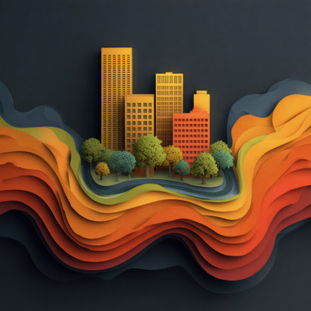 An abstract illustration shows a paper cut-out cityscape with buildings and trees, layered over textured waves. The image uses vibrant oranges, yellows, greens, and blues against a dark background, creating a three-dimensional effect. This image could be used for various design projects, marketing materials, and editorial content.の素材