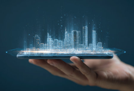 A hand holds a mobile device displaying a digital representation of a city. The artwork showcases a futuristic design with a network of light beams and building outlines. The color scheme features shades of blue against a dark background, suggesting a technology-focused concept. This image could be suitable for various technology-related projects or visual content.の素材