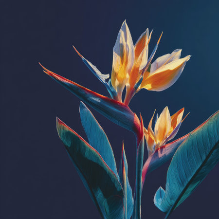 This image showcases a Bird of Paradise flower, highlighted by its striking orange and yellow petals and deep green leaves. The composition emphasizes the flower's form with a contrast against the dark backdrop. This photograph could be used for various purposes, including editorial content and decorative design projects.の素材
