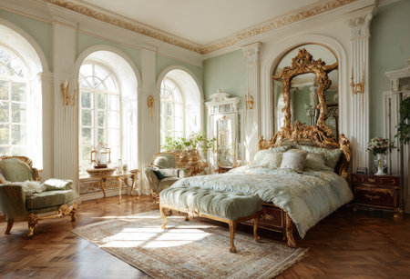 An opulent bedroom features a large bed with decorative headboard, set against arched windows. The scene presents a light-filled space with a muted color palette, ornate details, and plush furnishings. This image could be suitable for interior design publications or for use in advertising luxury products and services.の素材