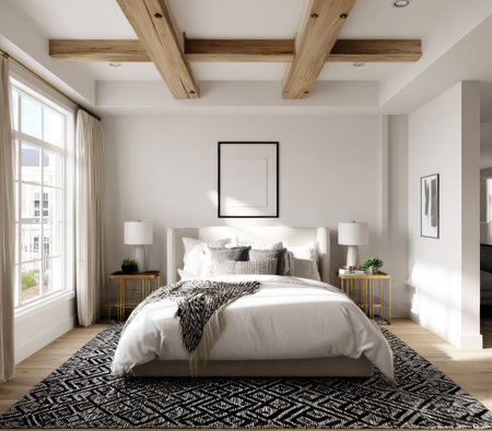 A well-lit bedroom showcases a neutral color palette with a patterned rug and wooden accents. The composition features a bed with soft bedding, side tables, and decorative lamps. This interior scene could be suitable for architectural visualization, home decor concepts, or lifestyle publications.の素材