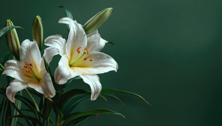 This image presents white lilies against a dark green backdrop. The composition features close-up detail showcasing the delicate petals and vibrant yellow stamens. The lighting suggests a studio environment, suitable for various editorial and commercial applications such as decorative art and design projects.の素材