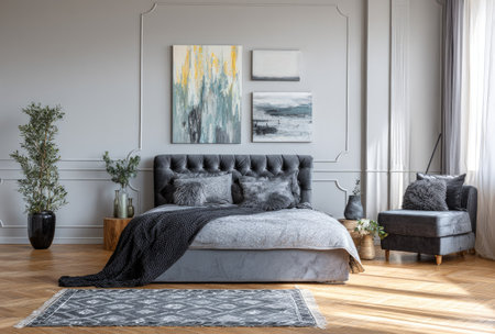 An interior shot showcases a bedroom setting with a bed, armchair, and artistic wall pieces. The composition features a neutral color palette of gray and white, accented by wooden flooring. The lighting suggests a bright daylight setting. This image is suitable for various commercial uses related to home decor and interior design.の素材