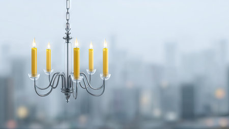 An ornate chandelier hangs with glowing candles, its metal frame contrasting with the soft, blurred background. The image features warm candle light against cool tones, suggesting indoor lighting. It could be used in projects related to design, lighting, or atmosphere, suitable for editorial and commercial applications.の素材