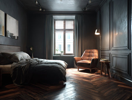 A dark bedroom interior features a bed, armchair, and window. The composition showcases a classic style with dark walls and wooden flooring. Soft lighting illuminates the space. Suitable for various design and lifestyle publications, as well as use in commercial projects.の素材