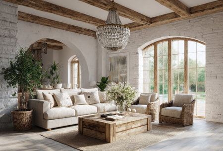 This living room showcases a bright, airy space with neutral tones and wooden accents. Features include a comfortable sofa, armchairs, and a rustic coffee table, enhanced by a decorative chandelier. Large windows allow natural light to flood the room, suggesting a peaceful, relaxing environment, suitable for various editorial and commercial applications.の素材