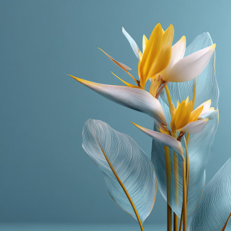 This image presents striking bird of paradise flowers with yellow and white petals. The flowers are set against a soft, turquoise backdrop. The composition showcases a close-up perspective, highlighting the detailed textures and shapes of the blossoms and leaves. The vibrant color palette could be suitable for various design projects.の素材