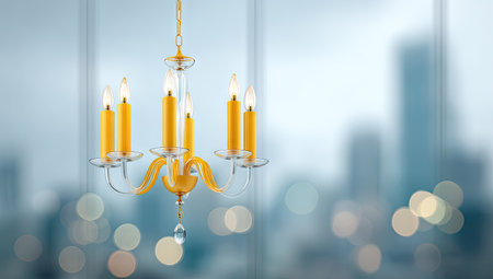 An ornate chandelier with glowing candle-shaped lights is featured against a blurred cityscape. The image highlights the fixture's intricate design, utilizing shades of yellow and crystal accents. The bokeh effect of the distant buildings adds depth, suggesting interior design applications and versatile editorial uses.の素材