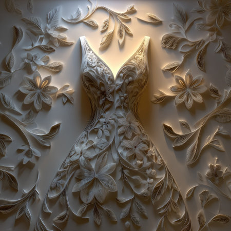 An intricately carved dress is presented with surrounding floral reliefs in an overhead view. The sculpture displays a delicate aesthetic with soft lighting, and detailed textures. Ideal for use in projects related to fashion, design, or decorative arts. The image suggests artistic expression.の素材