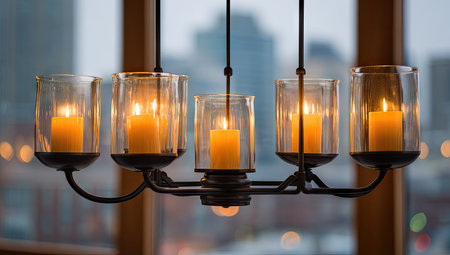 A chandelier featuring several lit candles is displayed against a blurred background. The candles glow with a warm light, encased in glass. The composition uses balanced lighting and a slightly shallow depth of field. This image is suitable for use in design, decoration, and editorial contexts.の素材
