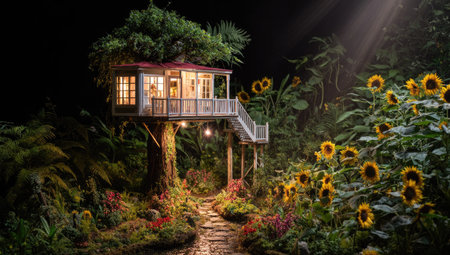 A quaint treehouse, nestled in lush greenery, is illuminated by inviting warm light. The image showcases detailed textures and a fantastical setting. Golden sunflowers and a stone path add to the idyllic ambiance. This scene is suitable for various commercial applications, including storytelling and creative design projects.の素材