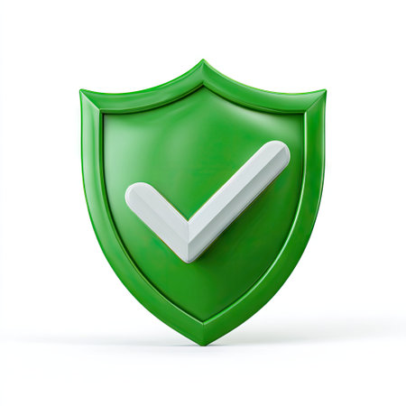 A green shield displays a white check mark. The image showcases a three-dimensional rendering, featuring vibrant colors and a clean aesthetic. The composition emphasizes the shield and check mark against a bright, uniform backdrop. This image is suitable for various commercial uses, including website graphics and advertising materials.の素材
