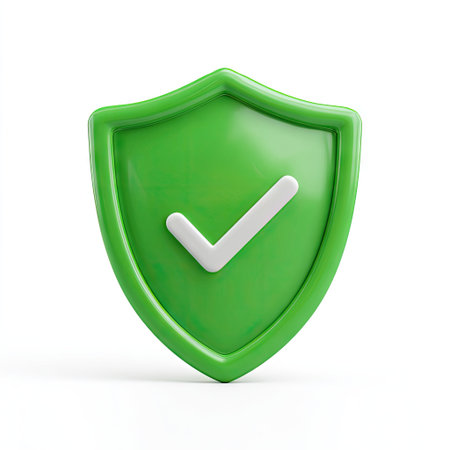 A green shield with a white check mark rests against a bright white backdrop. The image is rendered with smooth, glossy textures and vibrant colors. The design suggests a sense of security and protection. Suitable for various applications, it could be used in advertising, websites, or editorial materials.の素材
