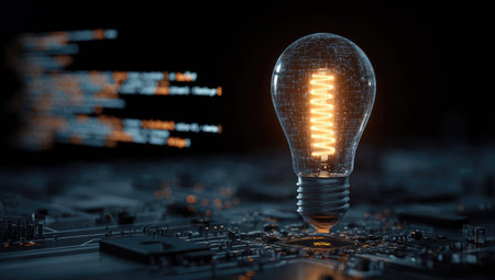 A close-up view presents a lit lightbulb centrally positioned on a detailed circuit board. The image highlights the lightbulb's glowing filament, while blurred streaks suggest data streams. The overall composition features a dark ambiance with cool blue and warm orange tones, creating a sense of technology and innovation. Suitable for various design applications.の素材