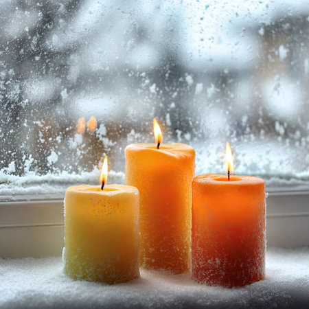Three lit candles stand on a snowy surface in front of a window. The candles emit warm, orange light. The scene displays a close-up shot with soft focus elements in the background. It may be suitable for illustrating themes of winter, ambiance, or interior decoration.の素材