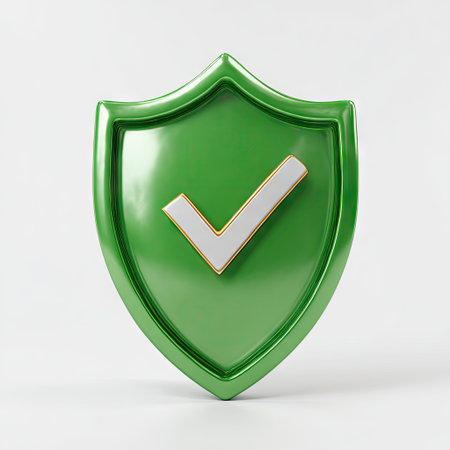 A glossy green shield is centered, featuring a white and gold check mark. The image uses a clean, bright style with soft shadows, suggesting a studio setting. This graphic conveys themes of safety, assurance, and endorsement, potentially suitable for digital content or marketing materials.の素材