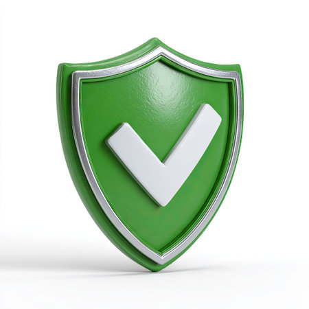 A green shield displays a white checkmark, centered on a white backdrop. The emblem features a glossy texture with a silver border. This studio shot uses bright lighting, providing strong contrast. Useful for concepts of safety, security, and assurance, suitable for various commercial purposes.の素材