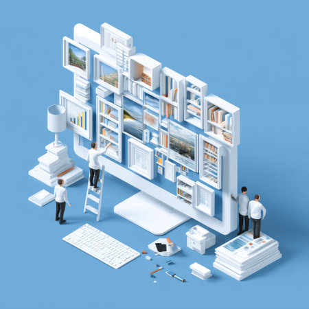An isometric illustration depicts a large computer monitor displaying various images and architectural elements. Miniature figures interact with the structure, suggesting collaboration. The scene is composed in a clean, modern style with a limited color palette. It may be suitable for illustrating concepts related to technology, design, or business.の素材