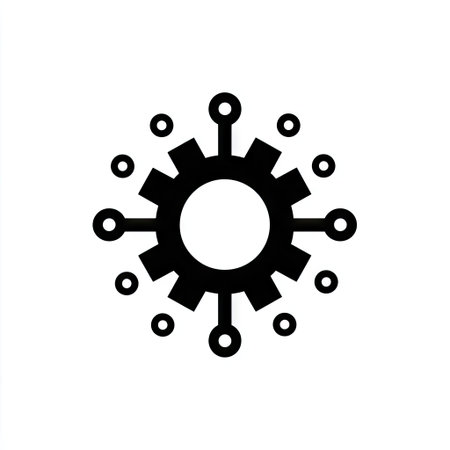 This black and white graphic depicts a gear icon encircled by small dots, possibly symbolizing data points. The illustration's clean lines and minimalist style suggest a modern, digital environment. It may be used to represent concepts like networking, data processing, or technological advancements. Suitable for various commercial and editorial applications.の素材