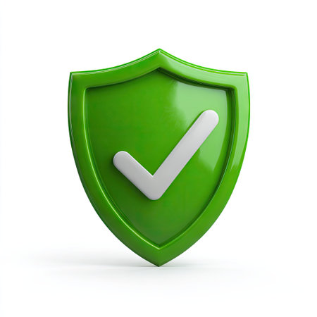 A green shield with a white check mark is presented. The image has a clean, smooth texture with bright lighting. The object is isolated against a white backdrop, enhancing its visual prominence. This graphic is suitable for diverse applications, including business, security, and design projects.の素材