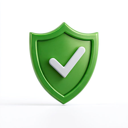 A vibrant green shield features a white check mark, rendered in a clean, modern style. The image showcases a glossy texture, set against a plain white backdrop with soft, diffused lighting. It symbolizes assurance and confirmation. Ideal for commercial applications related to safety and validation.の素材