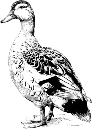 A detailed ink illustration presents a duck standing, showcasing its feathers and form. The monochromatic style emphasizes the texture and shape of the bird. The duck is set against a clean white backdrop. Suitable for artistic purposes, design projects or editorial uses.の素材