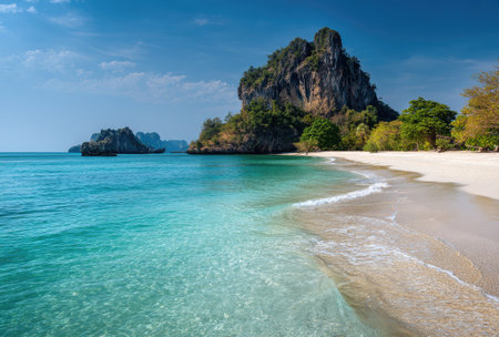 This image showcases a tropical beach with clear turquoise water meeting a sandy shore. A large rock formation is prominent, surrounded by green trees. The composition utilizes natural lighting to highlight the textures of the sand and water. Suitable for various commercial and editorial applications.の素材