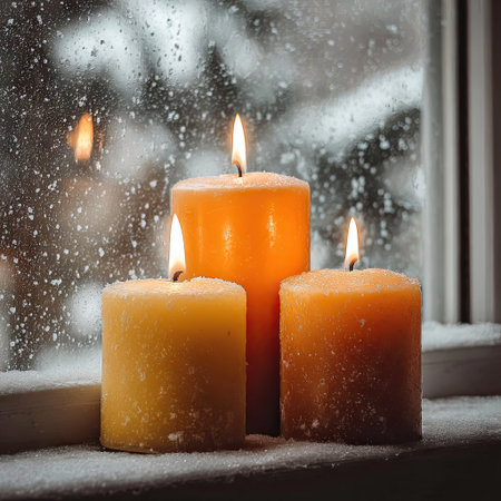 Three burning candles stand on a snowy window sill. The scene is illuminated by warm candle light with a blurred winter background. The image has a soft focus and a shallow depth of field, suitable for illustrating winter holidays, celebrations, or moments of peace. It's adaptable for various commercial applications.の素材