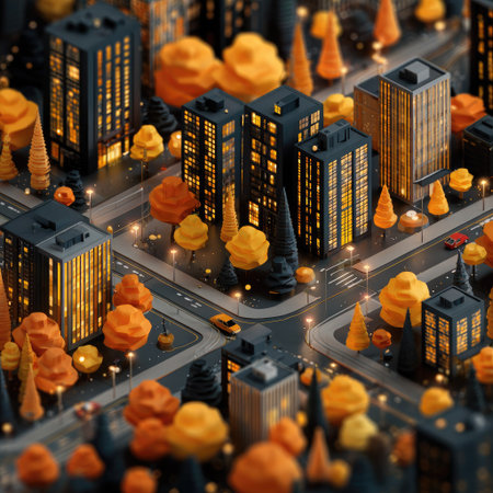 An isometric view showcases a miniature city at night, with buildings and stylized trees. Warm yellow and orange hues illuminate the scene against a darker backdrop. The composition features straight lines and sharp angles with a focus on geometric forms. This image may be suitable for architectural, illustrative, and conceptual uses.の素材