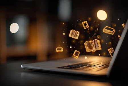A laptop displays digital book icons and other symbols against a dark backdrop. The composition features a shallow depth of field, with soft lighting illuminating the objects. It could be used to represent online education, digital libraries, or informational resources. It has potential uses for commercial and editorial purposes.の素材