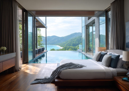A spacious bedroom features a bed with pillows and blankets facing a panoramic view of the sea and mountains. The room is filled with natural light, showcasing wooden floors and large windows. The scene suggests a relaxing atmosphere suitable for travel and lifestyle content, ideal for various media applications.の素材