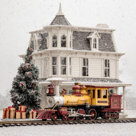 A miniature train sits in front of a model house and Christmas tree, all set against a snowy backdrop. The scene features a mix of yellow, red, and white hues, with fine detailing on the train and building. The composition uses balanced lighting and offers potential for holiday or festive-themed visuals, suitable for commercial projects.の素材