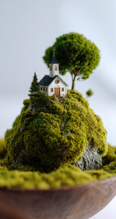 A miniature church sits atop a moss-covered hill, surrounded by small trees. The scene features a mix of green and brown hues, with textures of moss and wood. Soft lighting illuminates the small structure. This image could be suitable for illustrating concepts of faith, nature, or environmental themes.の素材