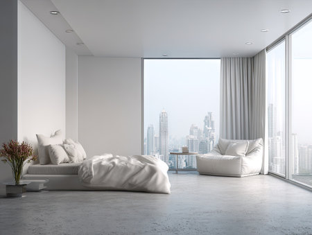 This image showcases a modern bedroom with neutral tones and minimalist design. The composition includes a bed, a comfortable chair, and a table set before a large window. Soft daylight illuminates the room, creating a serene ambiance suitable for various applications related to interior design or lifestyle.の素材