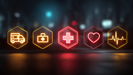 The image showcases five glowing medical icons arranged in a row. They represent various aspects of healthcare including emergency services, first aid, and cardiovascular health. The composition uses a dark background with blurred lights, suggesting a nighttime environment. The visual style is modern, with a focus on neon colors and digital art, suitable for diverse applications.の素材