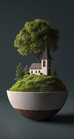 A quaint church stands atop a mossy, verdant hill, complete with a mature tree. The scene is encapsulated within a decorative bowl. The composition features soft lighting and a muted color palette. This image could be suitable for illustrations, advertising, or design projects needing a touch of nature or architectural elements.の素材