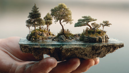 A detailed miniature landscape is presented, held delicately in a hand. The scene showcases tiny trees, vegetation, and water elements, mimicking a natural environment. The composition utilizes a shallow depth of field, with soft lighting and a blurred background. Suitable for conceptual illustrations or designs in various commercial applications.の素材